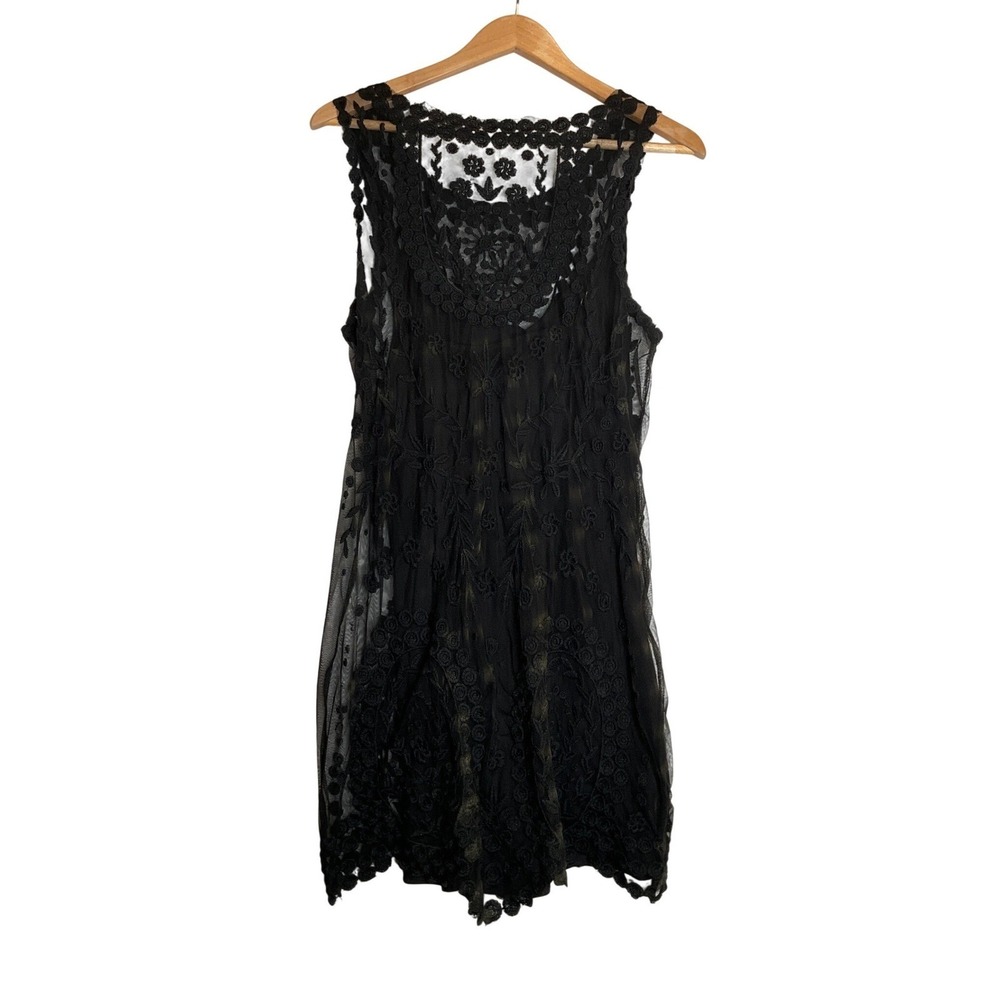 Free People Black Lace Overlay Sheer Tank Mini Dress Dark Romance Western L - Picture 2 of 8